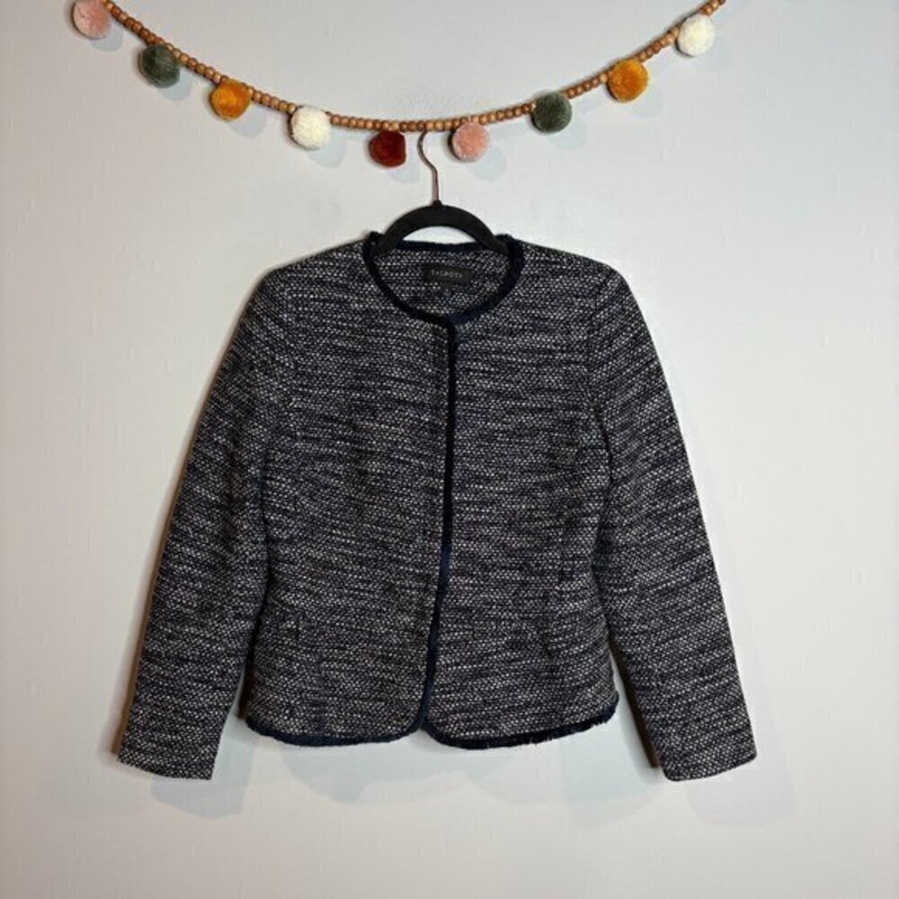Talbots navy blue tweed fringe blazer jacket